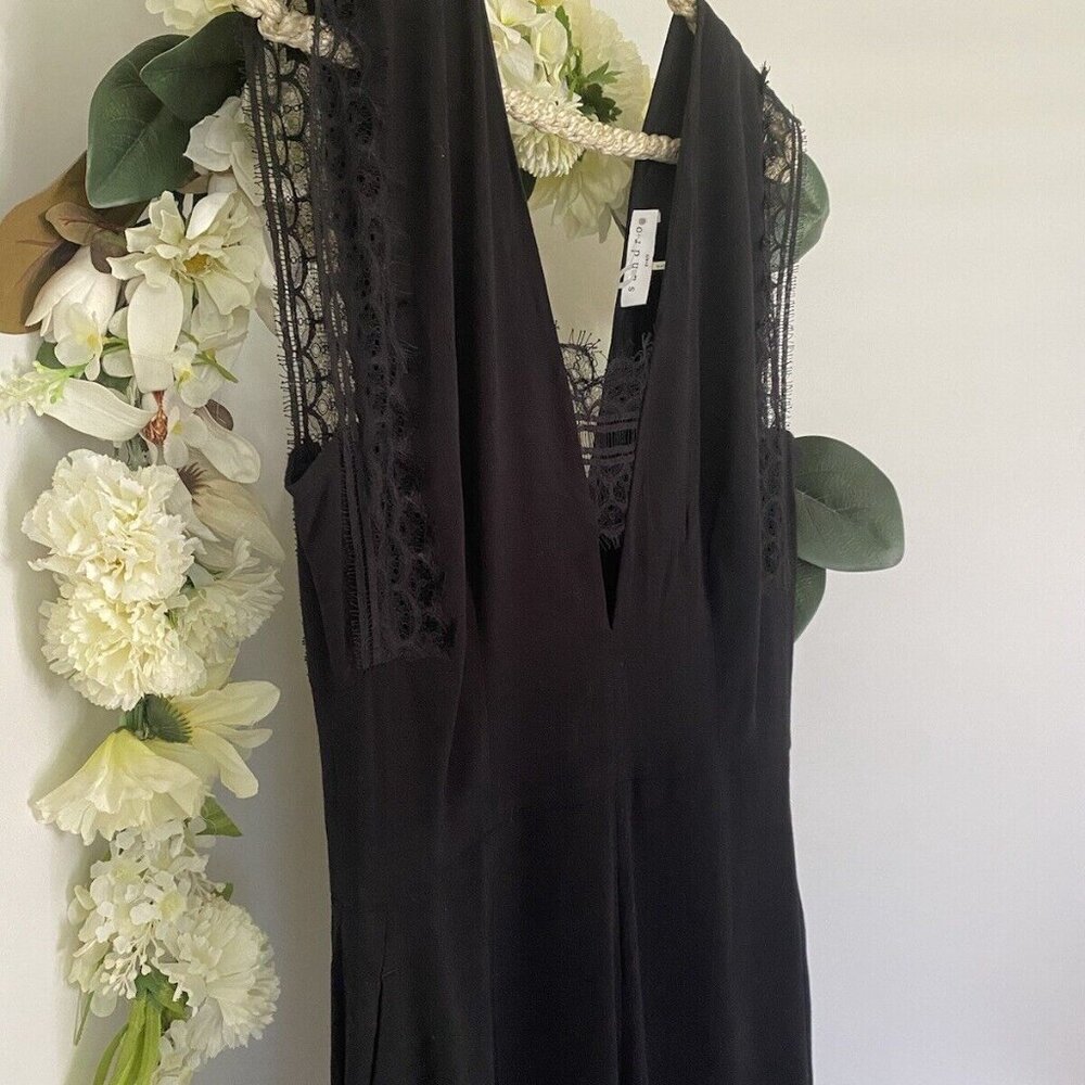 Sandro Palazzo Plunge V-Neck Lace Trim Wide Leg Jumpsuit in Black Med $495 NWOT - Picture 8 of 16